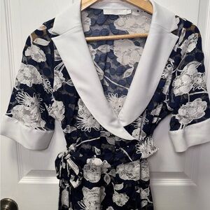 Anne Fontaine Christy Lace Blouse Navy Polka Dot Mesh Floral Shawl Collar L / 44